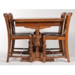 AN OAK VENEERED DRAW LEAF TABLE ON BULBOUS SUPPORTS, TOGETHER WITH FOUR MATCHING CHAIRS, 91CM W
