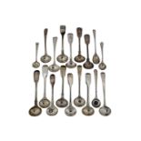 EIGHTEEN MAINLY GEORGE III - VICTORIAN SILVER SALT AND MUSTARD SPOONS, LATE 18TH / EARLY 20TH C,