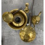 A 19TH C BRASS WARMING PAN WITH IRON HANDLE, 121CM L AND MISCELLANEOUS OTHER BRASSWARE, INCLUDING A