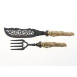 A PAIR OF VICTORIAN CARVED BONE DOLPHIN HAFTED EPNS FISH SERVERS, C1880, PIERCED AND ENGRAVED