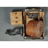 AN EDWARDIAN BROWN JAPANNED OVAL TINPLATE HAT BOX, A CAST IRON CAT NOVELTY DOOR STOP AND OTHER