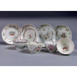 FOUR NEW HALL AND CONTEMPORARY SPRIG PATTERNED TEA BOWLS AND SAUCERS, C1790, SAUCERS 13.5CM DIAM AND