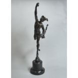A FRENCH BRONZE STATUETTE OF MERCURY AFTER   BY GIAMBOLOGNA, LATE 19TH C, ON NERO BELGICA MARBLE