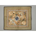 A CHINESE EMBROIDERED SILK PHOENIX-AND-LOTUS PANEL, 19TH / EARLY 20TH C, WITH WOVEN APPLIQUE
