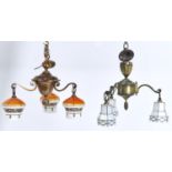 TWO OXIDISED BRASS THREE-LIGHT CHANDELIERS WITH CONTEMPORARY WHITE OR ORANGE GLASS SHADES, C1930,