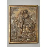 A FRENCH GOLD LACQUERED BRONZE PLAQUE OF LOVERS, LATE 19TH C,  IN CONFORMING FRAME, 25.5 X 19.5CM