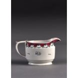 A STAFFORDSHIRE OVAL CREAM JUG, C1805, WITH RED RIBBON BORDER, PUCE HANDLE AND ROSE OR SPRIG TO