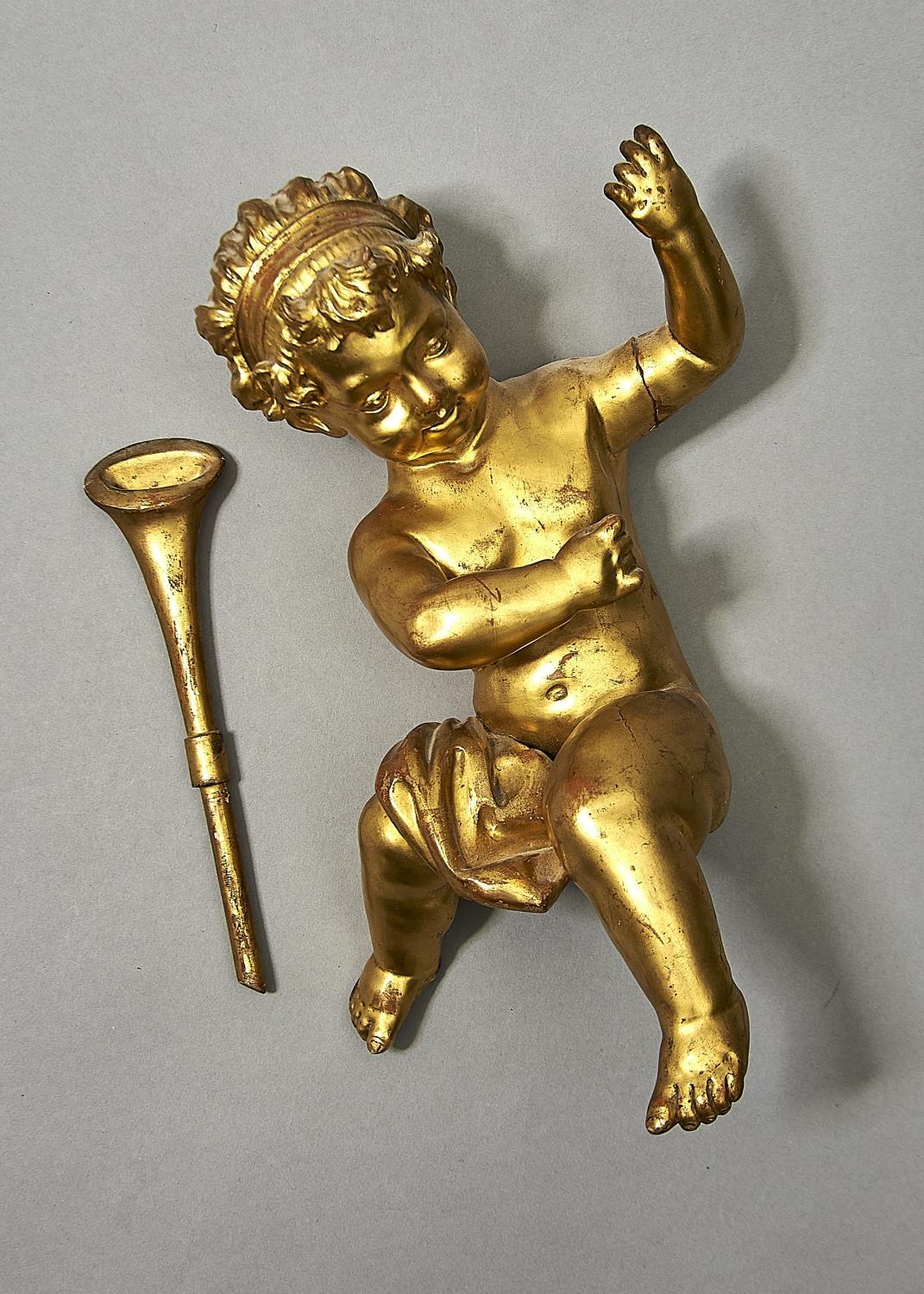 A GILTWOOD FIGURE OF A CHILD, 19TH/20TH C, HOLDING A TRUMPET, 39CM H Condition reportTrumpet - Image 2 of 2