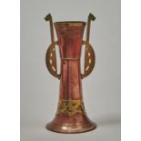 A GERMAN SECESSIONIST COPPER AND BRASS VASE,  GERUDER BING, NUREMBERG, EARLY 20TH C, 24.5CM H,