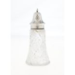 A GEORGE V SILVER MOUNTED CUT GLASS SUGAR CASTER AND A COVER, 17.5CM H, BY HENRY PERKINS & SONS,