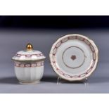 A NEW HALL ROUND TEAPOT STAND AND FACETED ROUND SUGAR BOX AND COVER, PATTERN 89, C1790, WITH PUCE