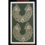 A GROUP OF THREE AND A PAIR OF ANTIQUE MACHINE LACE COLLARS, 19TH C, IN TWO FRAMES, 64 X 65CM AND