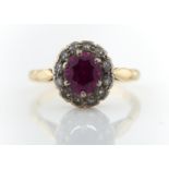 A DIAMOND AND SYNTHETIC RUBY CLUSTER RING, GOLD HOOP MARKED 18CT, 3.4G, SIZE N Condition reportRed