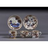 A NEW HALL TRIO AND COFFEE CAN AND SAUCER, PATTERN 446 AND IMARI ELEPHANT PATTERN 876, C1800,