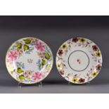 TWO NEW HALL SAUCER DISHES, PATTERNS 1167 AND 1765, C1815-20, ENAMELLED WITH WIDE BORDERS OF