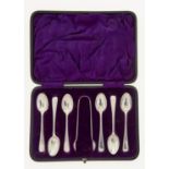 A SET OF SIX VICTORIAN SILVER TEASPOONS AND PAIR OF SUGAR BOWS, FEATHER EDGE PATTERN, BY MARK