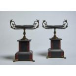 A PAIR OF FRENCH BELGE NOIR, ROUGE GRIOTTE MARBLE AND GILT LACQUERED BRASS TAZZE, LATE 19TH C, ON