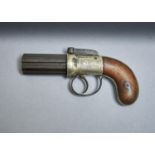 A PEPPERBOX REVOLVER, MID 19TH C, WITH  FLUTED BARREL, THE SCROLL ENGRAVED NICKEL PLATED  FRAME