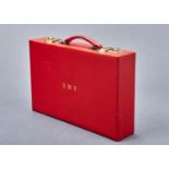 VINTAGE LUGGAGE. A HARRODS LTD SCARLET LEATHER ATTACHE CASE, MID 20TH C, THE LID WITH GOLD BLOCKED