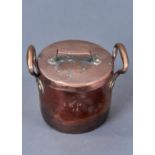 A VICTORIAN TWO HANDLED CYLINDRICAL COPPER PAN AND COVER, BOTH INITIALLED IED AND DATED 14, PAIR