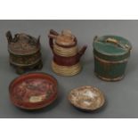 FOLK ART. FIVE NORWEGIAN POLYCHROME WOOD VESSELS, 19TH/EARLY 20TH C INCLUDING TWO BOWLS, THE LARGEST