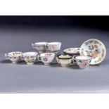 SEVEN NEW HALL PLAIN OR MOULDED TEACUPS AND SAUCERS OF LONDON SHAPE, VARIOUS PATTERNS, C1815-20,
