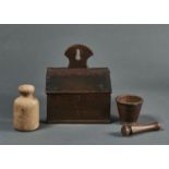 TREEN.  A TURNED WOOD MORTAR AND A WOODEN PESTLE, PROBABLY 19TH C, MORTAR 10CM H, A TURNED