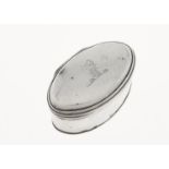 A GEORGE III OVAL SILVER NUTMEG GRATER, THE SLIGHTLY DOMED LID WITH MOULDED RIM, THE BASE WITH