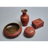 TWO CHINESE CINNABAR LACQUER BOXES, A SIMILAR VASE AND A CLOISONNE AND LACQUER BOWL, 20TH C,