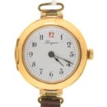 AN 18CT GOLD LONGINES LADY'S WRISTWATCH, C1920, WITH ENAMEL DIAL AND GOLD CUVETTE, 29MM, SWISS