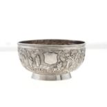 A CHINESE SILVER REPOUSSE SUGAR BOWL, LATE 19TH C,  WORKED WITH A CONTINUOUS SCENE OF FIGURES AND