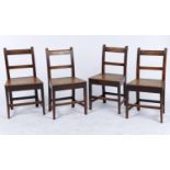 A SET OF FOUR ELM KITCHEN CHAIRS, C1850, SIMPLE BAR BACKS WITH BOARDED SEATS ON SQUARE TAPERED