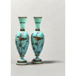 A PAIR OF VICTORIAN ENAMELLED TURQUOISE GLASS VASES, C1870, OF SLENDER OVIFORM DESIGN WITH FLARED