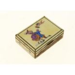 AN AUSTRO-HUNGARIAN SILVER GILT AND PRIMROSE GUILLOCHE ENAMEL BOX, THE LID PAINTED WITH 18TH C