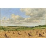 EDWARD M ELLIOTT (EXHIBITED 1920-34) - A DEVONSHIRE CORNFIELD, SIGNED, SIGNED AGAIN AND INSCRIBED