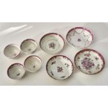 A NEW HALL SPRIG DECORATED TEA BOWL AND SAUCER, PATTERN U61, TWO OTHER CONTEMPORARY TEA BOWLS AND