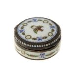 A CONTINENTAL SILVER GILT AND GUILLOCHE ENAMEL BOX, PAINTED WITH A BASKET OF ROSES AND FESTOONS WITH