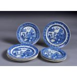 TWO SETS OF FOUR AND FIVE BLUE PRINTED EARTHENWARE WILLOW PATTERN PLATES AND ONE OTHER, ALL C1830,