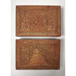 TWO INDIAN SANDALWOOD JEWEL BOXES, MYSORE PRESIDENCY LATE 19TH C, PROFUSELY CARVED WITH FIGURES