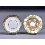 A NEW HALL CIRCLE MARKED SAUCER DISH AND SAGE GROUND DESSERT PLATE, PATTERNS 1311 AND 1506, C1815-