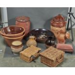 MISCELLANEOUS STONEWARE JARS AND BOWLS, WICKER BASKETS AND A FOOTSTOOL Condition report