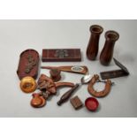 TREEN. A COLLECTION, TO INCLUDE AN UNUSUAL EARLY 20TH C MECHANICAL MAHOGANY TWO BOTTLE WINE COASTER,