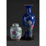 A CHINESE TURQUOISE GROUND FAMILLE ROSE GINGER JAR AND COVER AND A BLUE GROUND FAMILLE ROSE VASE,