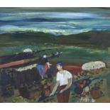 †RAY EVANS, RI (1920-2008) - PEAT CUTTERS DONEGAL, SIGNED, INSCRIBED WITH THE TITLE AND PRICE £650