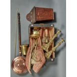 AN OAK CANDLE BOX, A BRASS NUT ROASTER, MINER'S LAMP, PAIR OF CANDLESTICKS, WARMING PAN AND