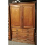 A LATE VICTORIAN ASH LINEN PRESS, C1880, WITH FLARED CORNICE ABOVE A PAIR OF RAISED AND FIELDED