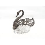 A SILVER MOUNTED CUT GLASS SWAN NOVELTY BONBON DISH WITH ARTICULATED WINGS, 9CM H, IMPORT MARKED,