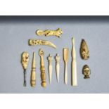 ELEVEN VARIOUS BONE AND IVORY MINIATURE OBJECTS AND ARTEFACTS, 19TH C, INCLUDING A SPOON WITH