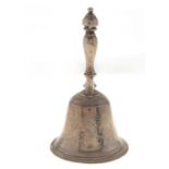 A VICTORIAN SILVER TABLE BELL, ENGRAVED WITH FLOWERS AND FOLIAGE AROUND A VACANT CARTOUCHE, BALUSTER