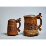 TWO GRADUATED SIMILAR NORWEGIAN BIRCH TANKARDS, 19TH C, OF STAVED CONSTRUCTION WITH DOMED LID AND